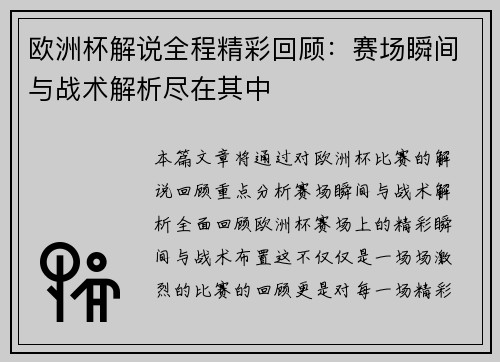 欧洲杯解说全程精彩回顾：赛场瞬间与战术解析尽在其中