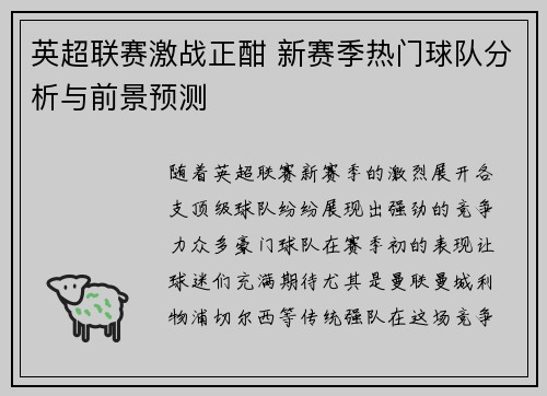 英超联赛激战正酣 新赛季热门球队分析与前景预测