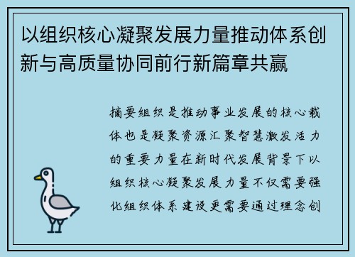 以组织核心凝聚发展力量推动体系创新与高质量协同前行新篇章共赢